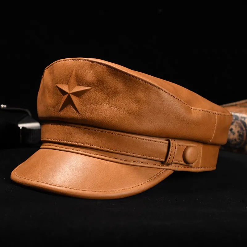 Leather Work Hat - Casquette militaire plate rétro pour hommes,